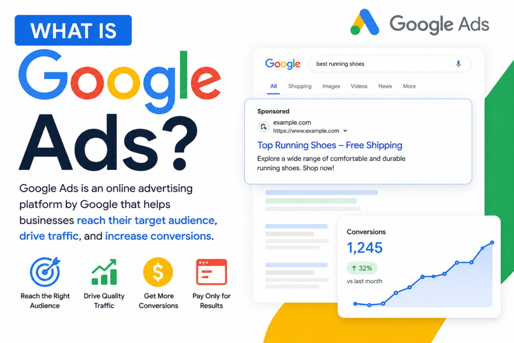 What is Google Ads infographic explaining how Google Ads helps businesses reach target audiences, drive website traffic, generate leads, and increase conversions through pay-per-click (PPC) advertising.